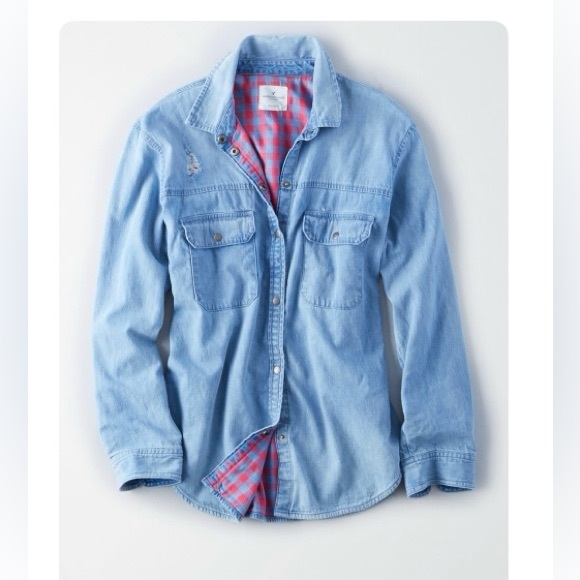 Plaid Lined Denim Boyfriend Shirt - Picture 1 of 7